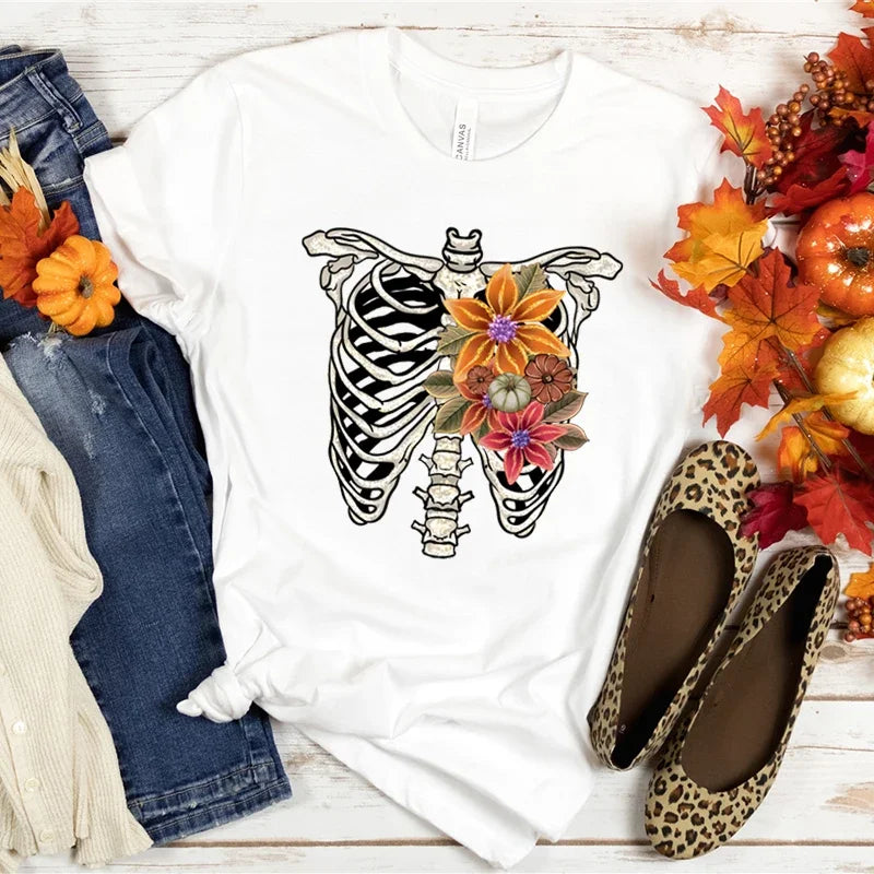 Halloween Skeleton Graphic Tee for Women with Flower Spine Design