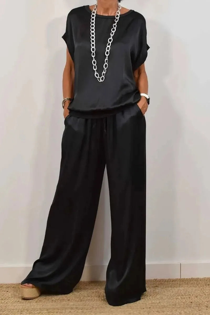 Smooth Satin Two Piece Set Women's Casual Outfit with O-neck Short Sleeve Top and Wide Leg Pant