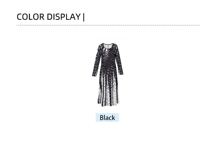 Womens Loose Maxi Dress Round Neck Long Sleeve Dot Pattern