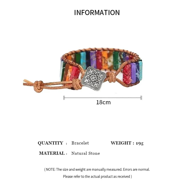 Bohemian Multicolor Chakra Healing Bracelet with Rectangular Stones and Leather Rope Woven Design