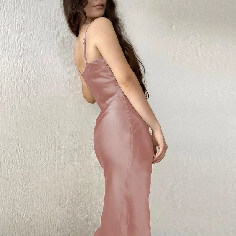 Elegant Satin Strap Dress With Back Split For Spring