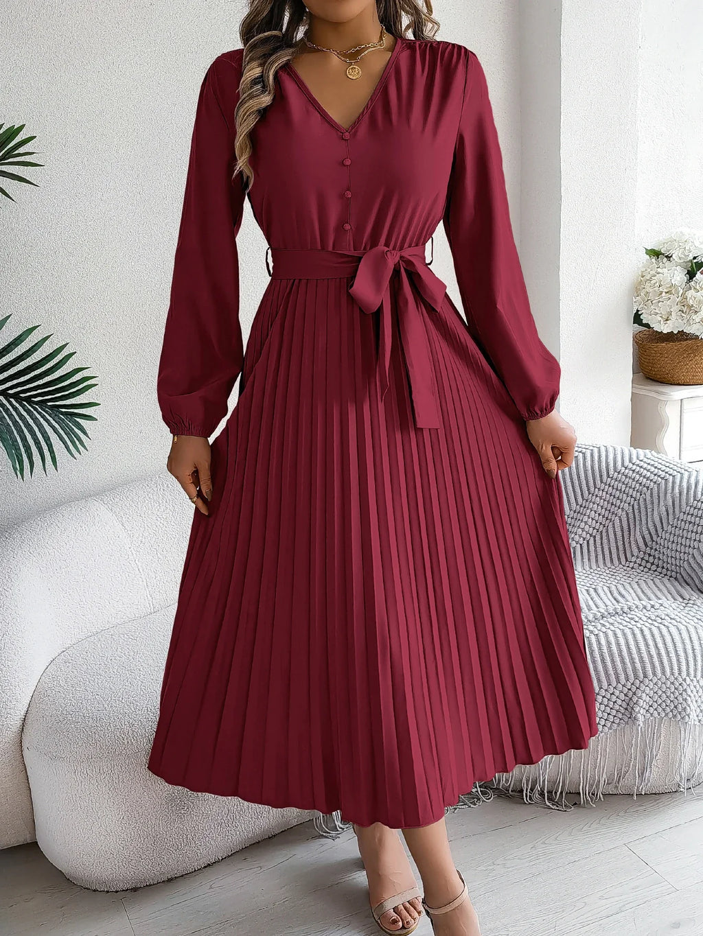 Elegant Autumn V Neck Belted Pleated Long Sleeve Dress