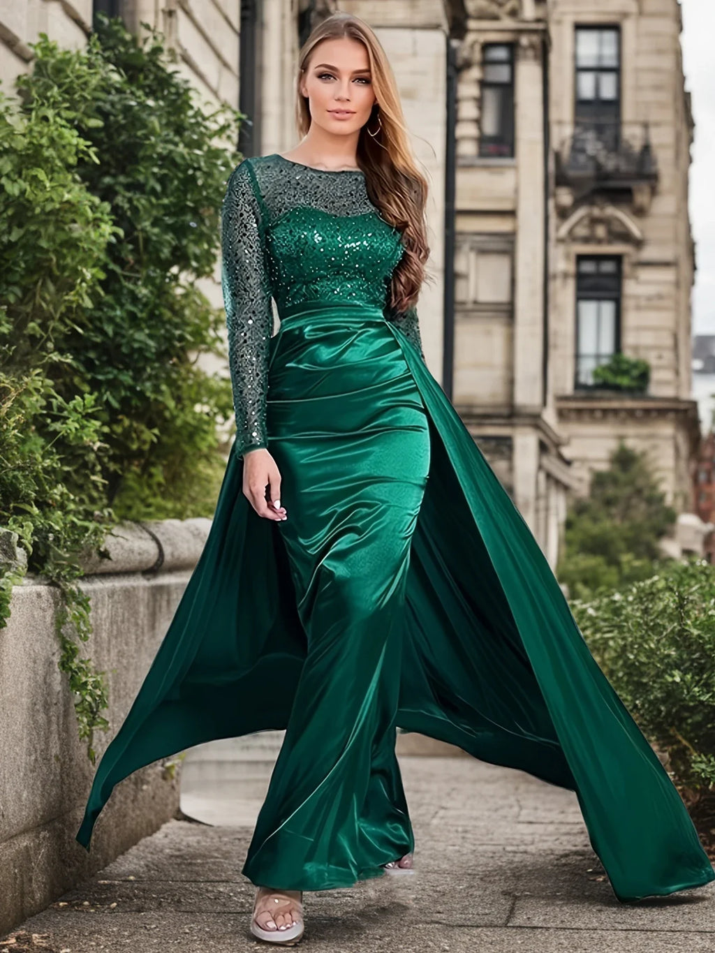 Green Sequin Mermaid Evening Gown With Detachable Train