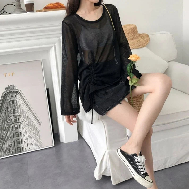 Rimocy Women Ice Silk Long Sleeve Sunscreen T Shirts for Summer Fashion with Drawstring Loose Fit