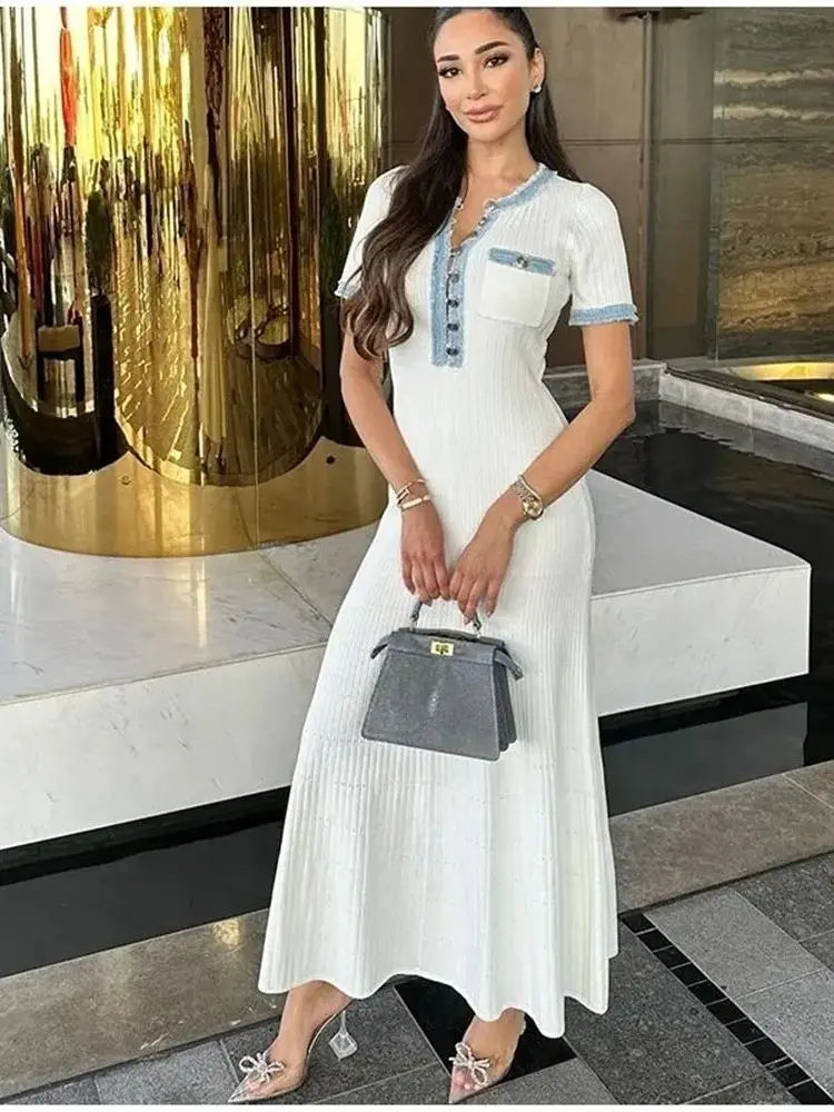 Elegant Denim Patchwork Knitted Long Dress With Pockets