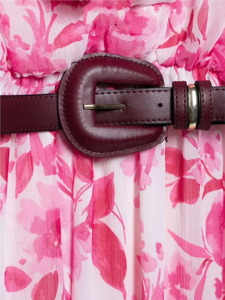 Printed Midi Dress With Belt for Women V Neck Chic