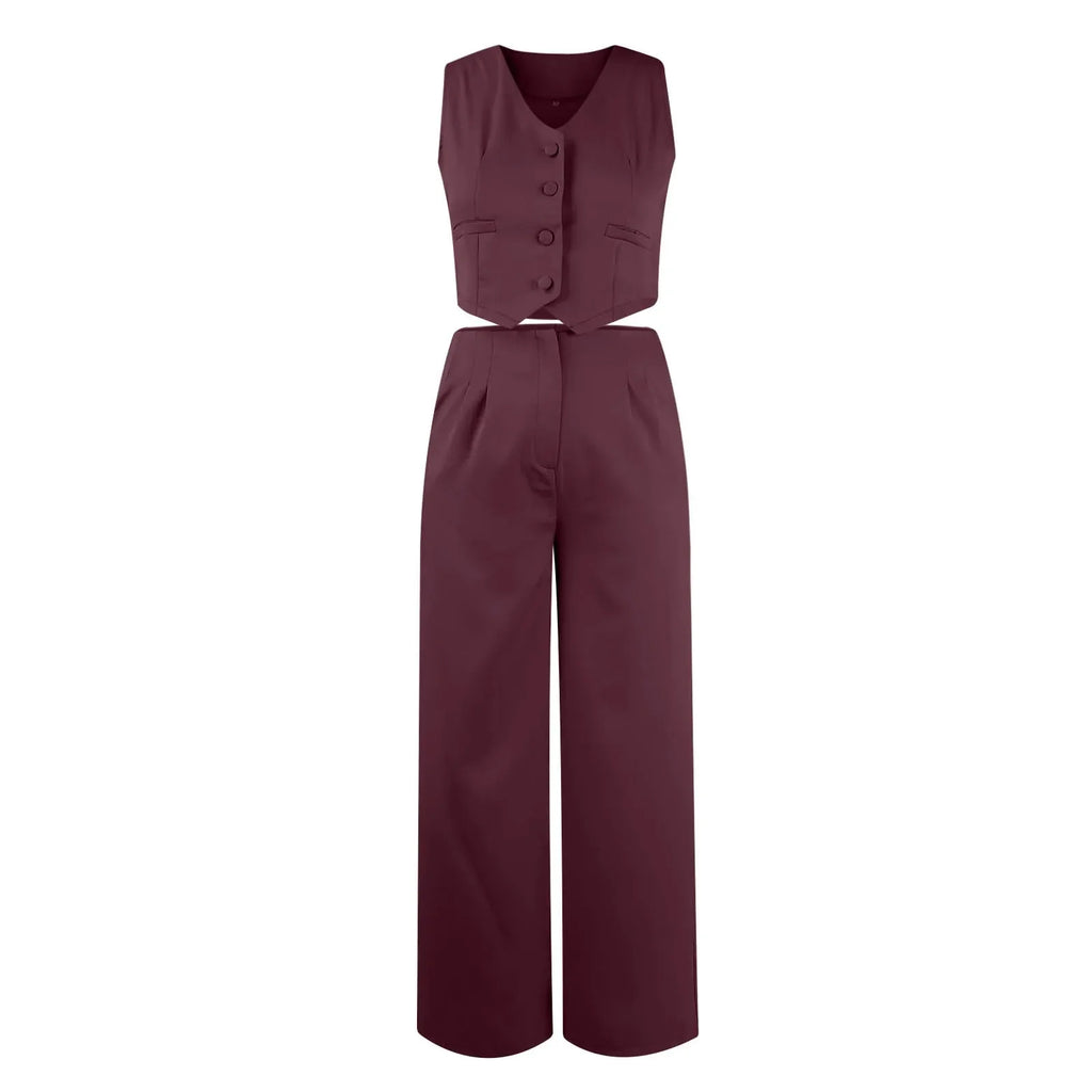 Sleeveless V-Neck Vest and Wide Leg Pants Suit for Women
