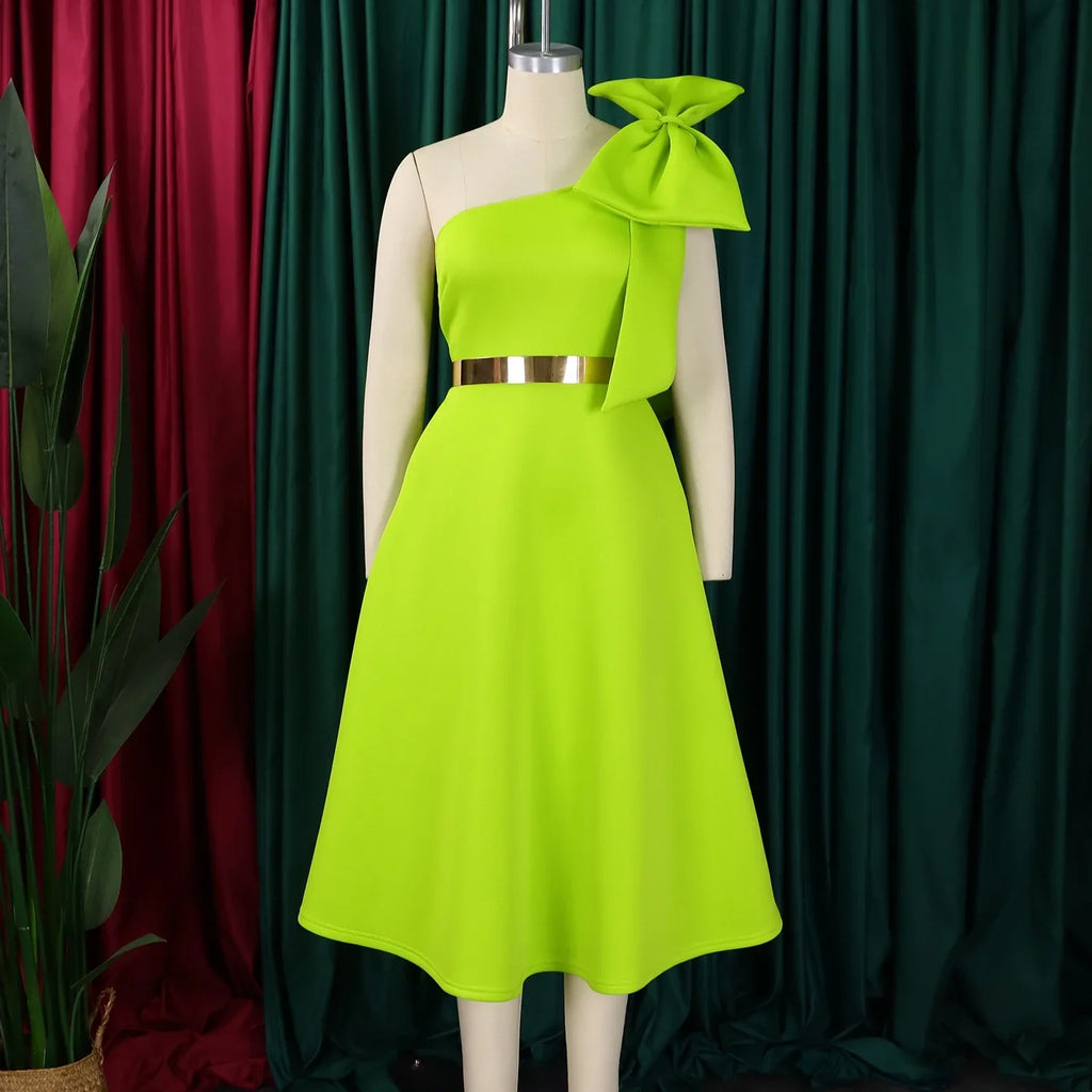 One Shoulder Bow Dress A Line Pleated Mid Calf Party Dress