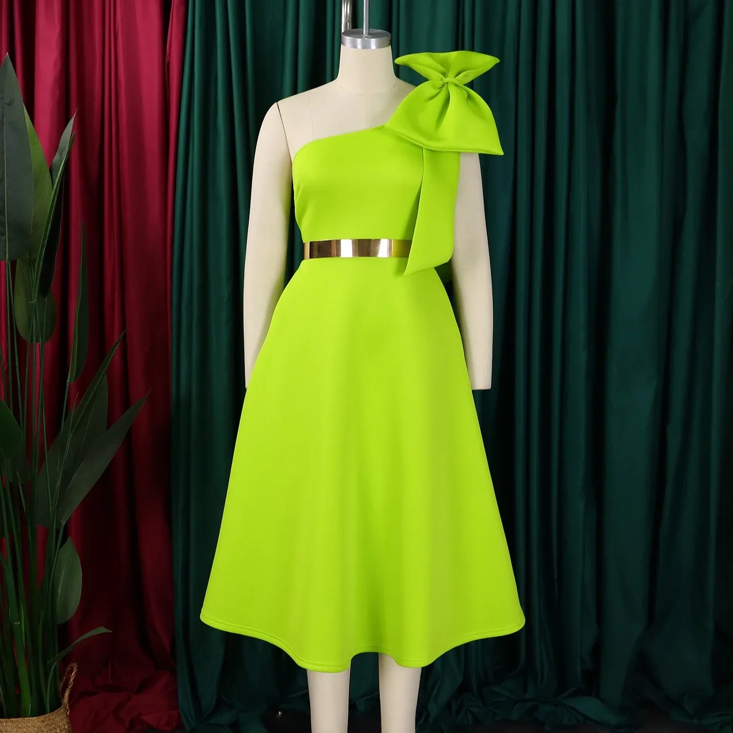 One Shoulder Bow Dress A Line Pleated Mid Calf Party Dress