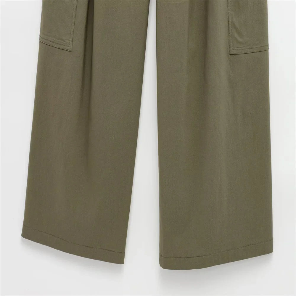 Olive Green Cowl Neck Asymmetric Zip Jacket with Elastic Waist Wide Leg Cargo Pants Set for Trendy Women's Fashion