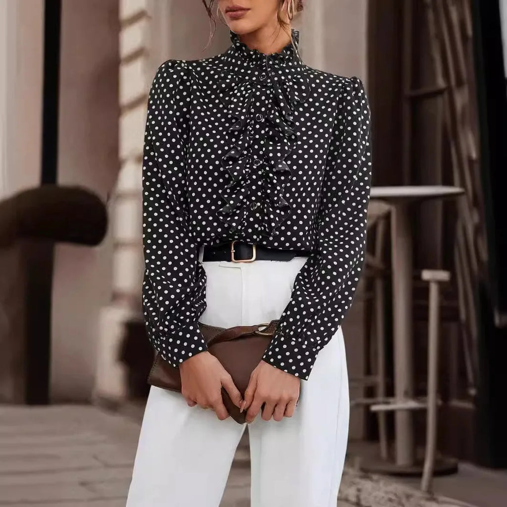 Long Sleeve Polka Dot Button Shirt for Women with Ruffle Detail Elegant Office Blouse Casual Fashion Top