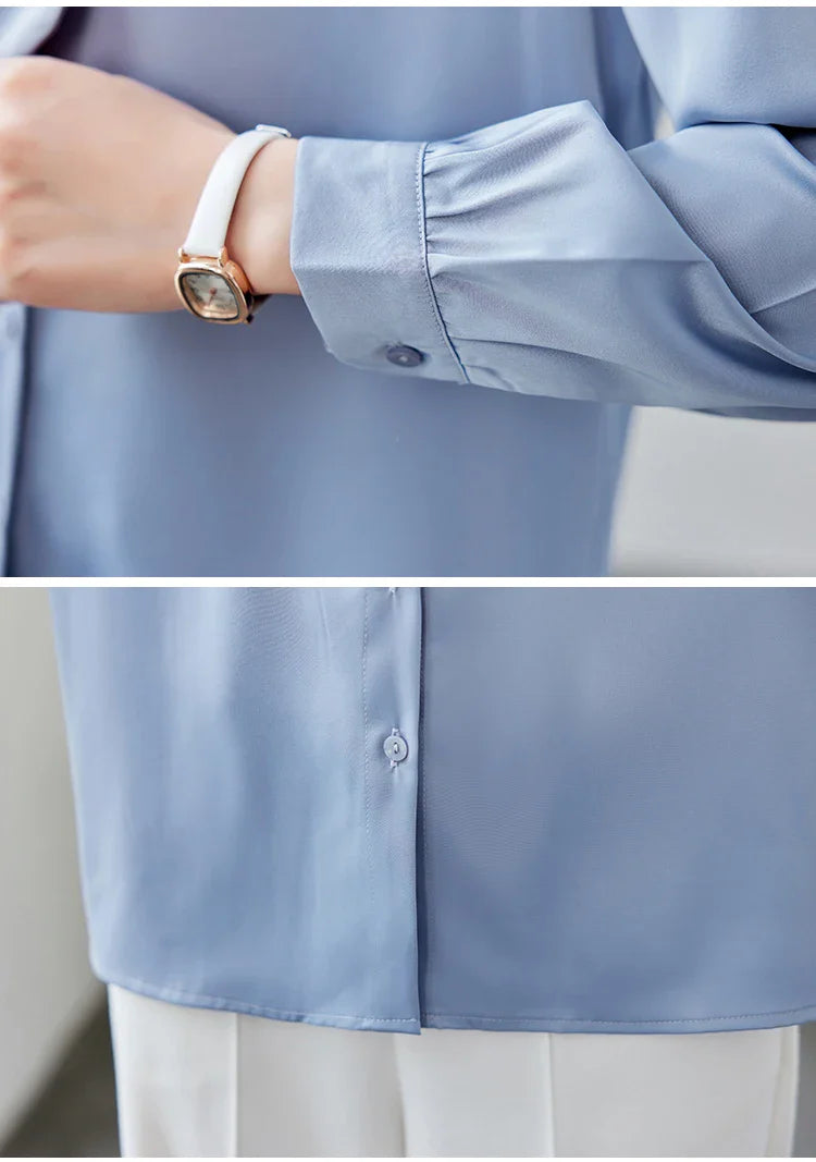 Elegant Women's Long Sleeve Blouse with Bow Collar Casual Loose Fit White Office Shirt Top