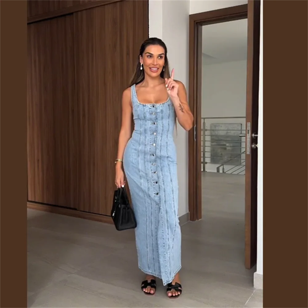 Belted Denim Midi Dress For Women With Cinched Waist