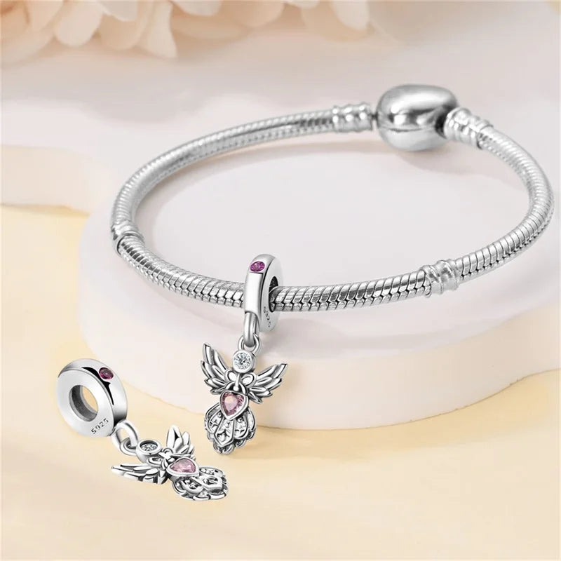Silver Plated Lotus Guardian Angel Heart-Shaped Zircon Charms Beads for DIY Jewelry and 925 Bracelets