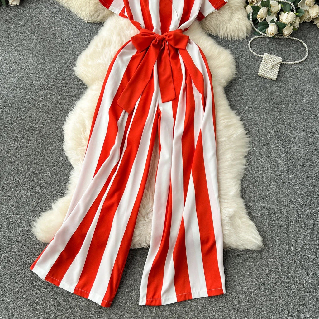 Sleeveless V Neck Stripe Jumpsuit for Women with Lace Up Bow Detail Summer Long Romper High Street Korean Inspired Style