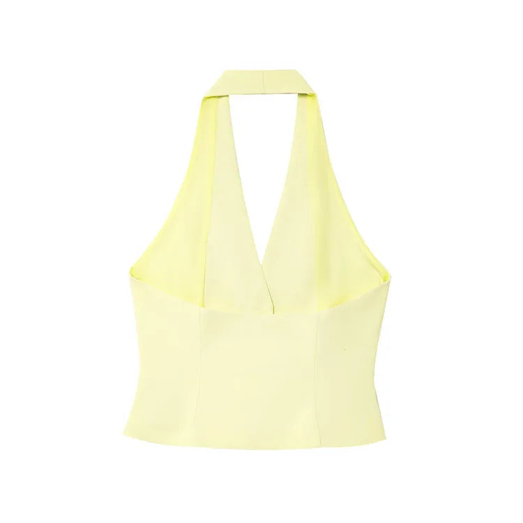 Double Pleat Trouser Set for Women with V Neck Halter Waistcoat and High Waist Trousers