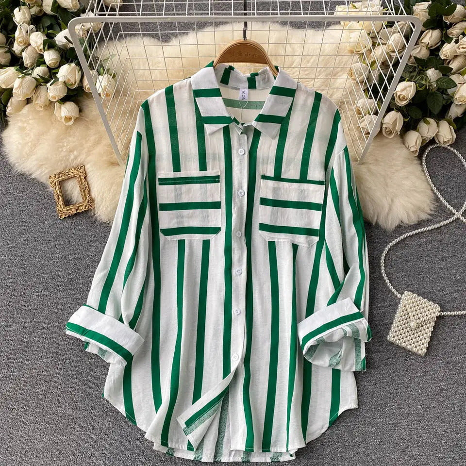 Elegant Medium Length Vertical Stripe Shirt Jacket for Women Casual Loose Fitting Korean Style Blouse