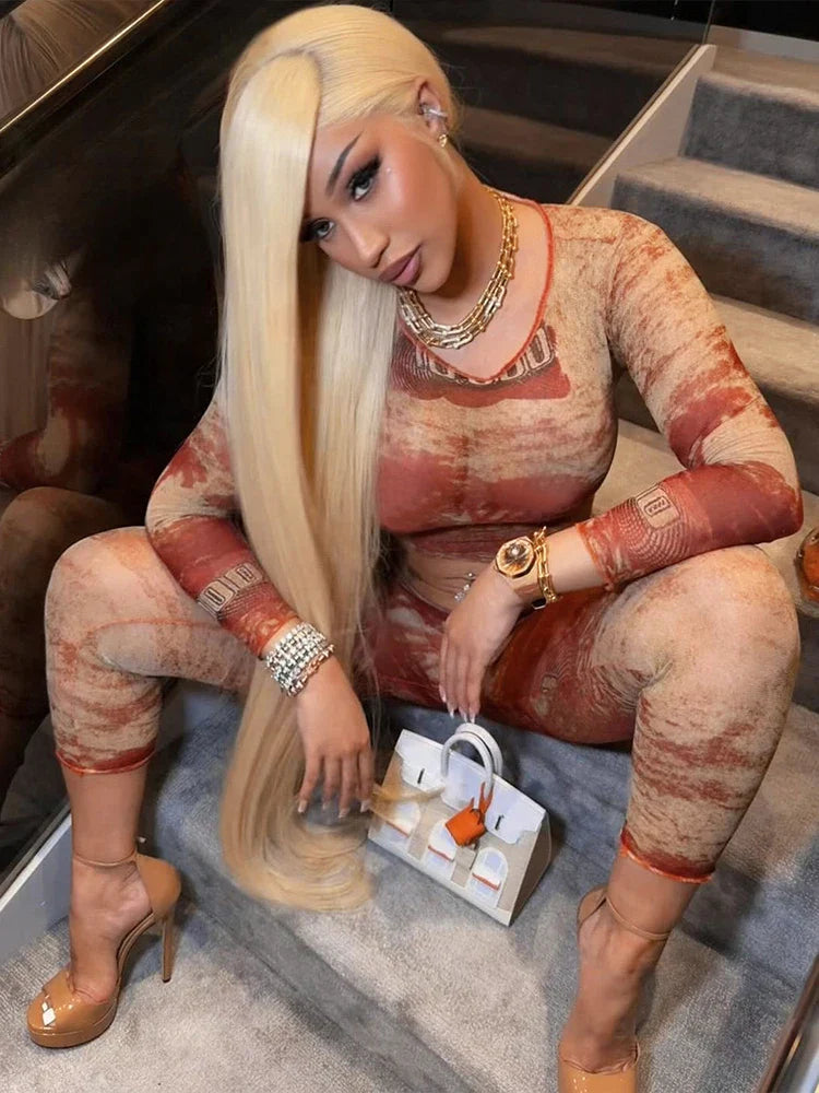 See Through Women 2 Piece Set Sexy Print Crop Top and Leggings Matching Summer Outfit