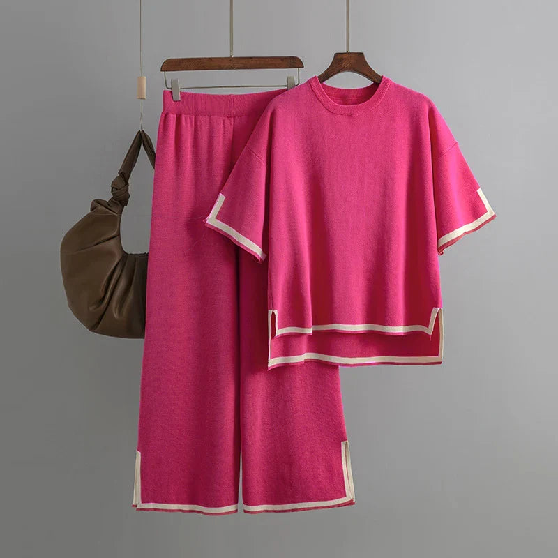 Knit Two Piece Pajama Set for Women with Side Split and High Waist Short Sleeve Design Suitable for Office and Casual Wear