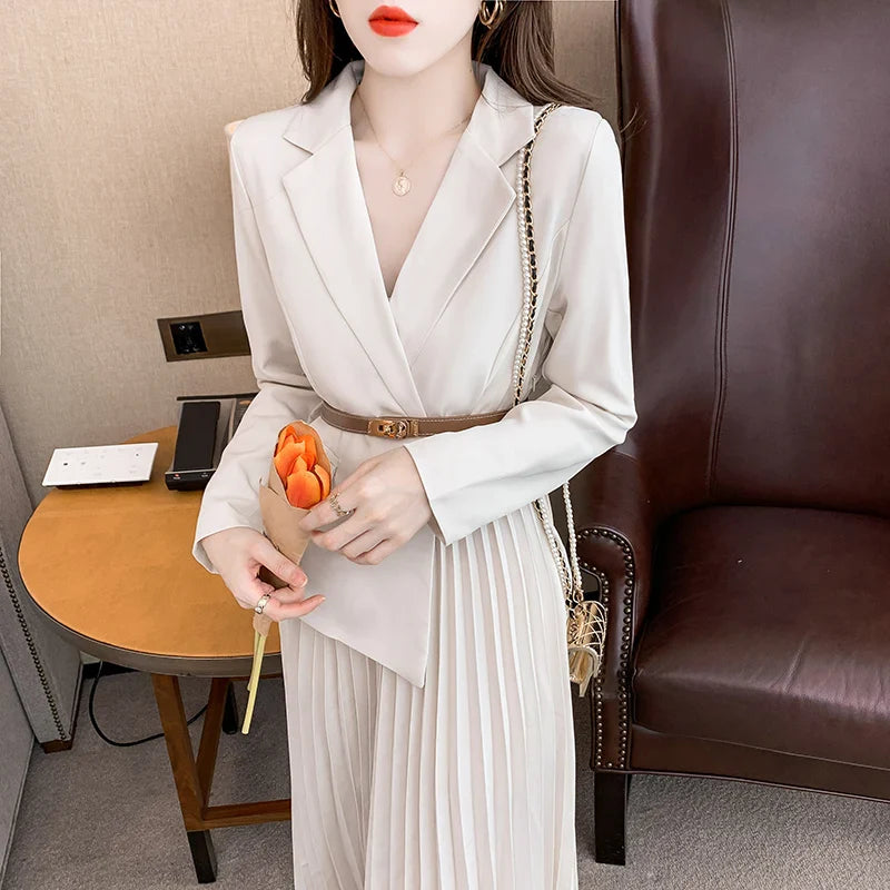 Faux Two Piece Dress With Blazer Collar Pleated Skirt