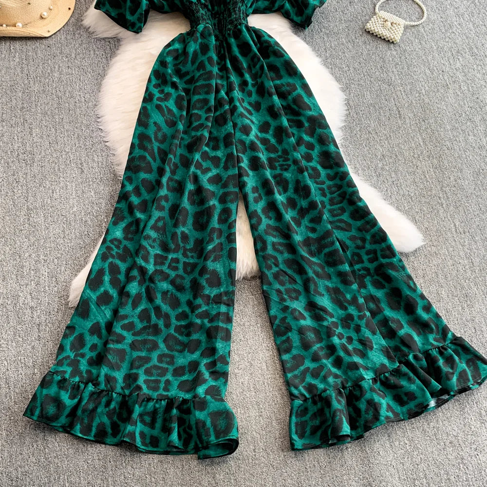 Women's Summer V-Neck Leopard Print Lace-Up Jumpsuit Short Sleeve Loose Fit Playsuit Overalls with Elegant Ruffle Detail