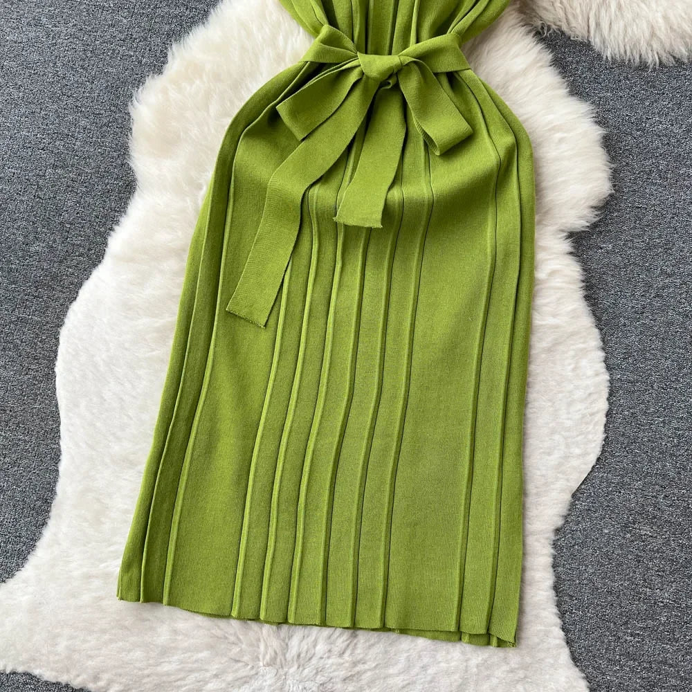 Solid Pleated Knitted Dress For Women Loose Fit Maxi