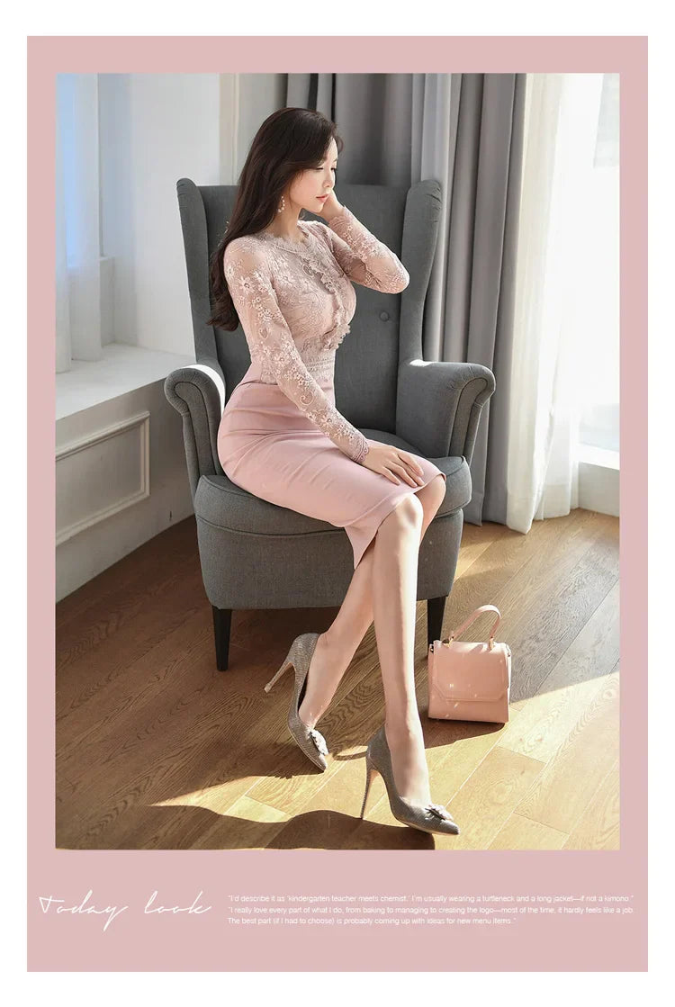 Korean Lace Bodycon Dress Women Office Sheath Pencil