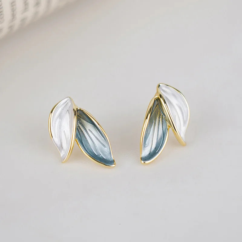 Sweet Leaf Stud Earrings for Women Fresh Blue and White Plant Ear Studs Elegant Jewelry Gift