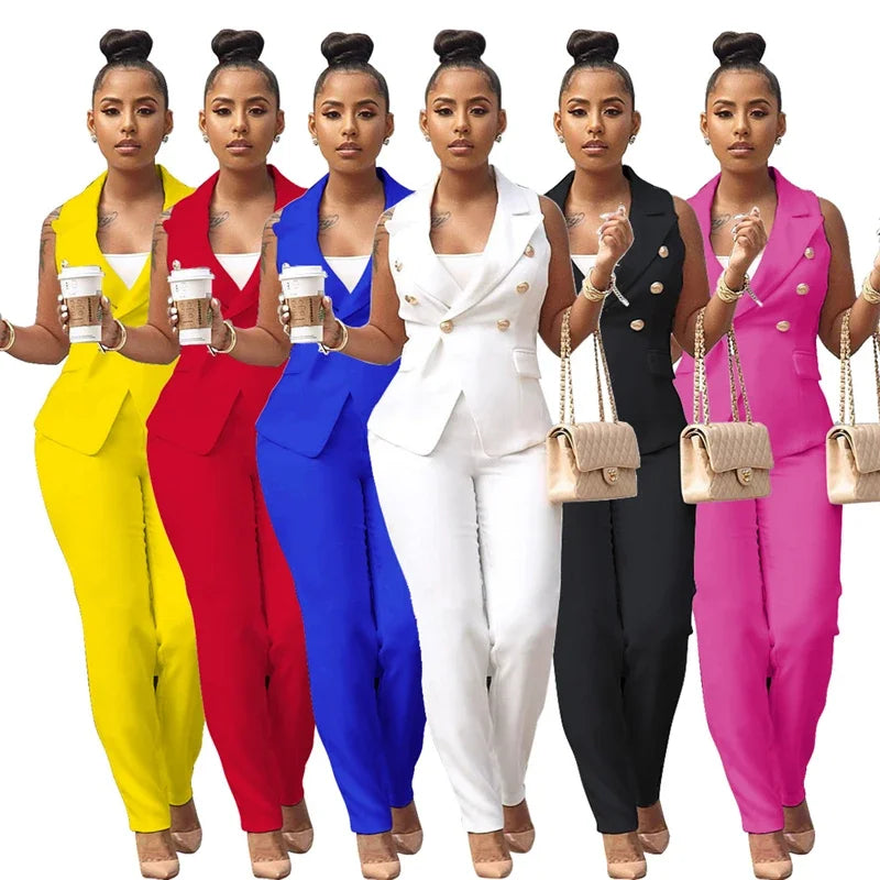 Elegant Women's Two Piece Pant Suit Set with Sleeveless Blazer and Pencil Pants for Office and Business Wear