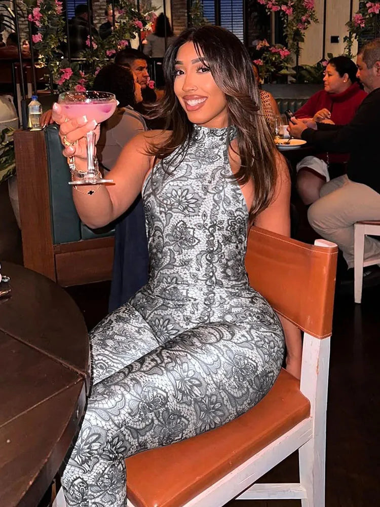 Attractive Y2K Women Jumpsuit Fashion Print Halter Neck Backless High Collar Off Shoulder Overalls for Nightclub Party