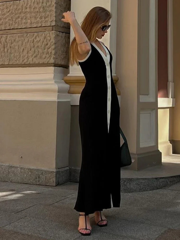 Sleeveless Ribbed Knit Dress V Neck Bodycon Long Dress