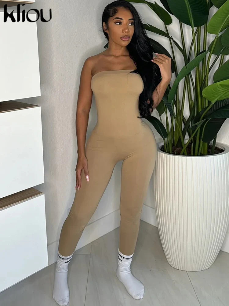 Strapless Casual Women Jumpsuit Slim Sleeveless Elastic Waist Solid Color Overalls Chic Daily Activewear