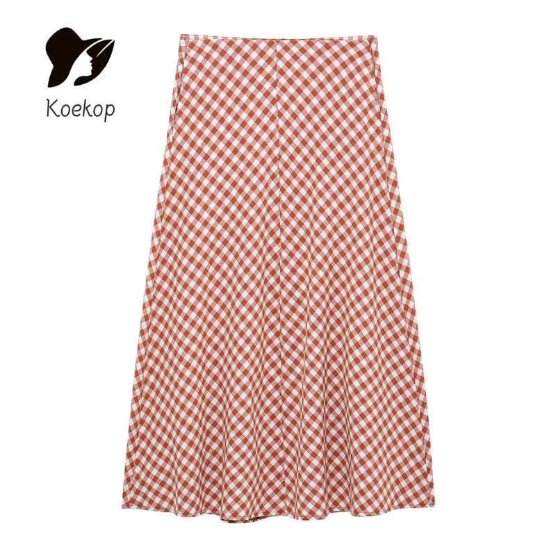 Women's Plaid Halter Crop Top with Backless Design and High Waist Vintage Maze Pattern Skirt Set