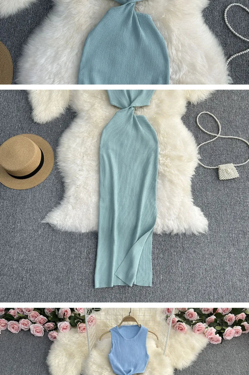 Knot Hollow Out Waist Knitted Bodycon Maxi Dress For Women