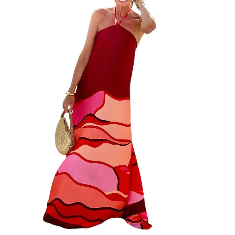 Lace Up Halter Maxi Dress Backless Party Sundress Beachwear