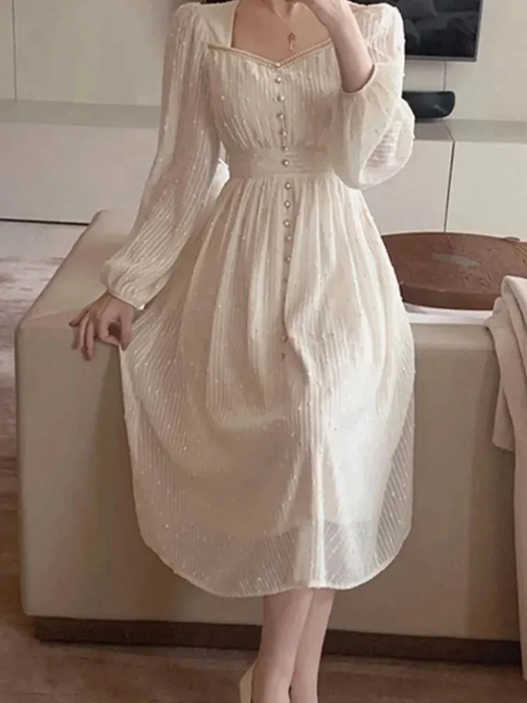 Elegant White Midi Dress For Women Vintage Princess Style