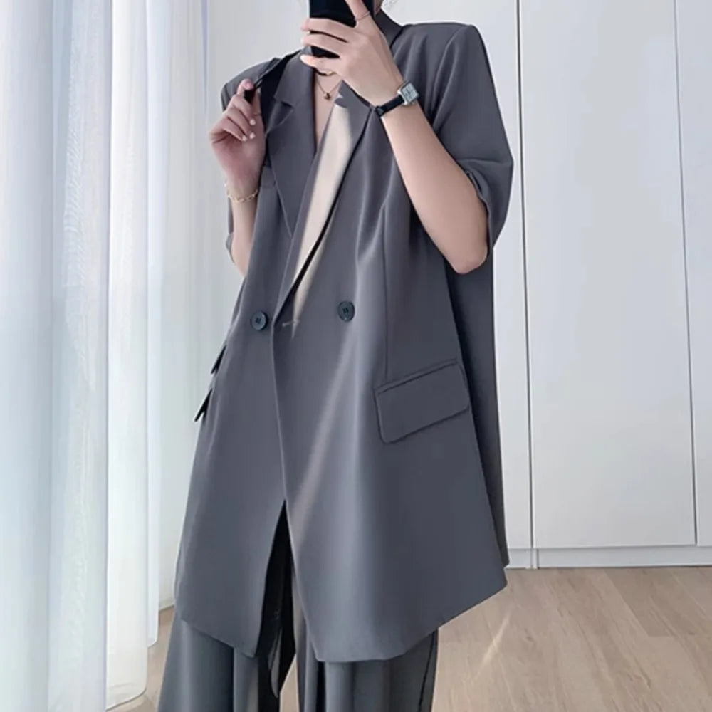 Short Sleeve Wide Leg Pants Blazer Suit Set for Women Summer Business Casual Attire