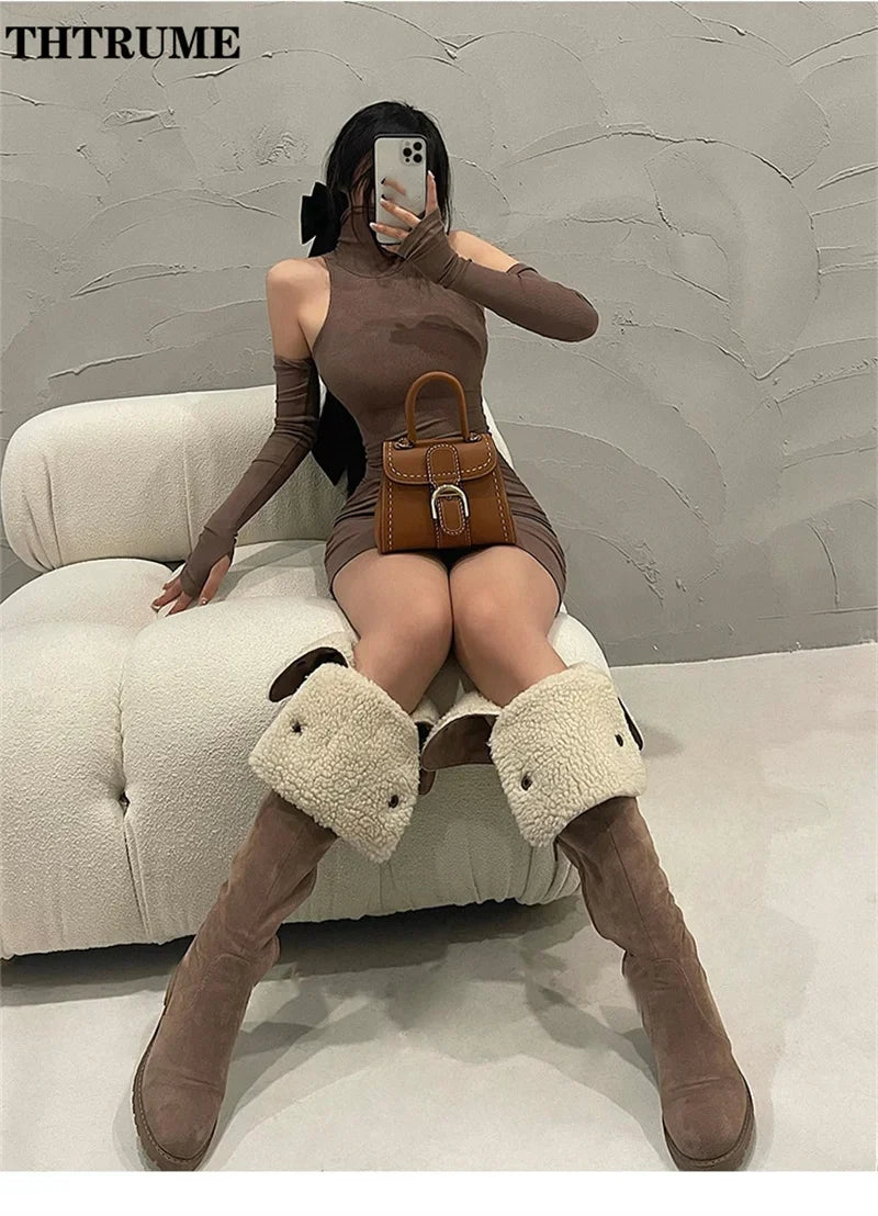 Red Bodycon Mini Dress High Neck Slim Fit Evening Party