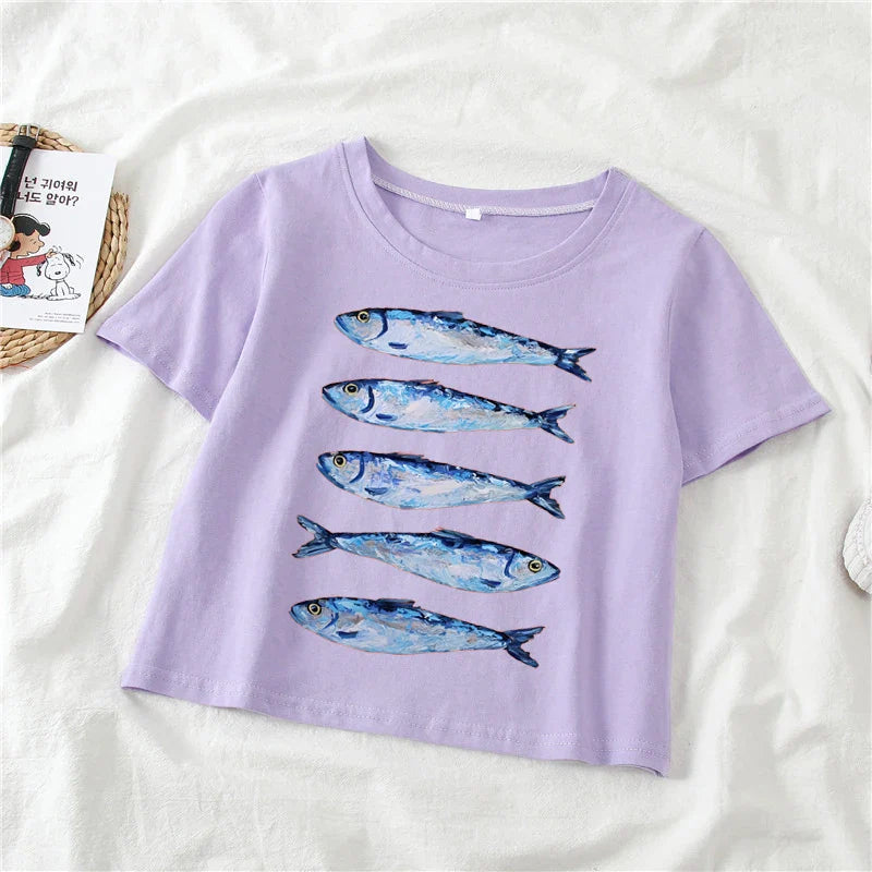 Personalized Y2K Trend Sardine Printed Casual T-Shirt for Women