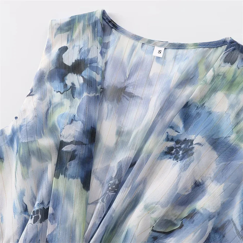 V Neck Printed Dress With Metal Line Open Waist Silhouette