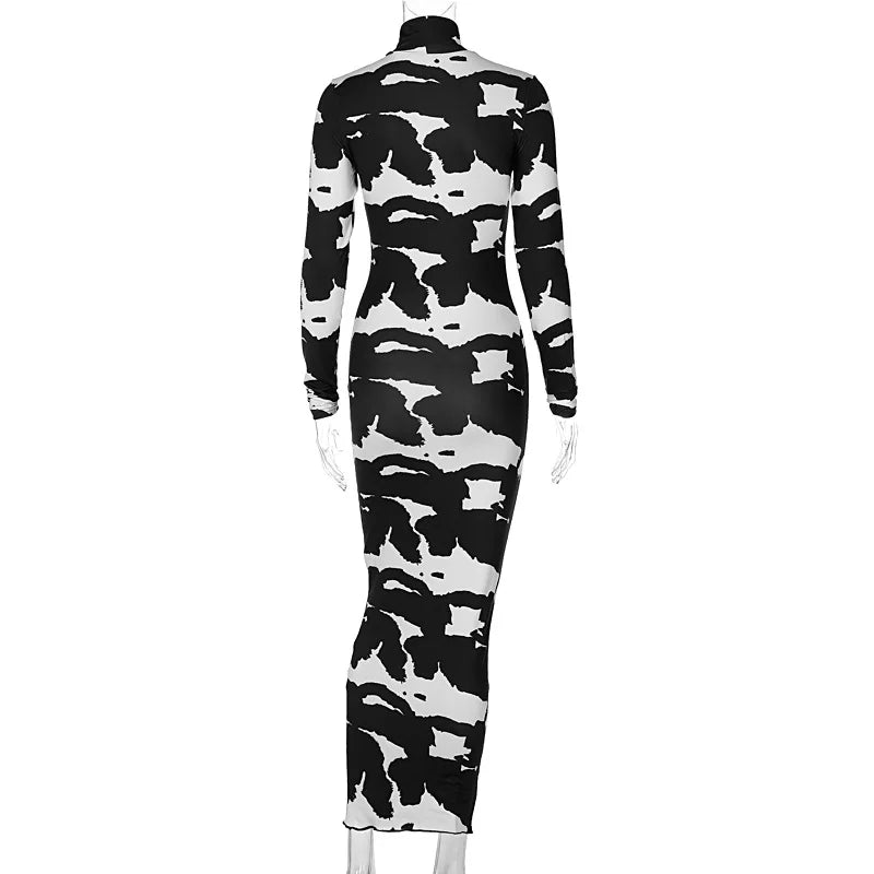 Cow Print Maxi Dress Long Sleeve Turtleneck Bodycon Party
