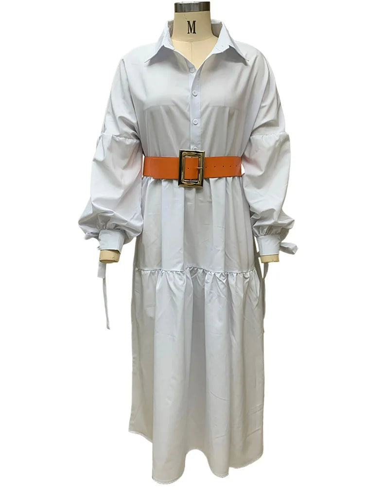 Women Casual Front Button Shirt Dress With Belt Longsleeve