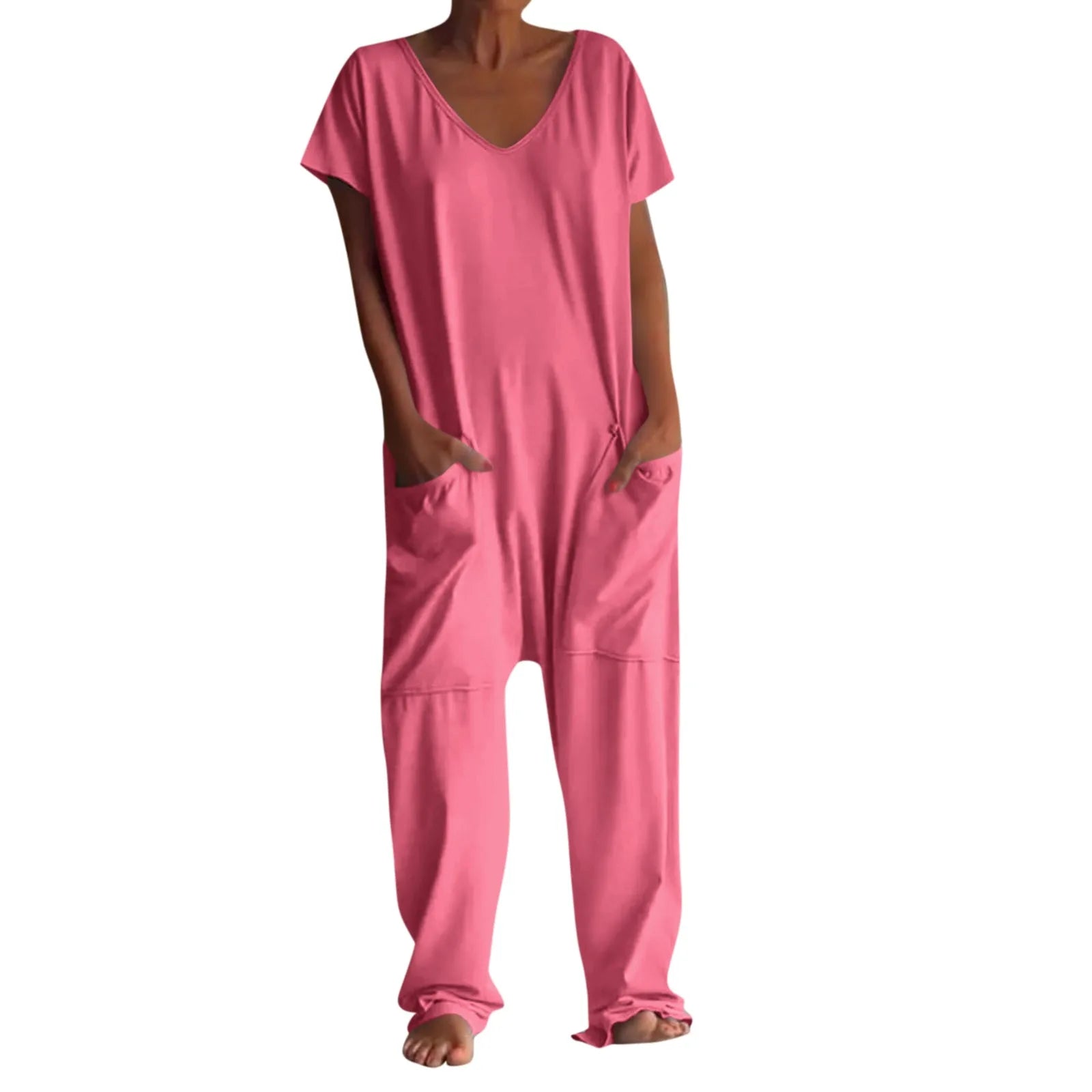 Women's Casual Short Sleeve Pullover Jumpsuit Loose Fit with Pockets Comfortable Lightweight Bodysuit Trendy Summer Romper