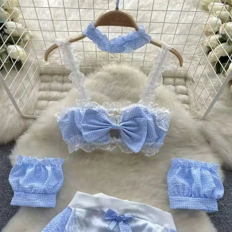 Sexy Maidservant Apron Dress Three Piece Set Lace Trimmed Plaid Cosplay Lingerie Nightwear for Women