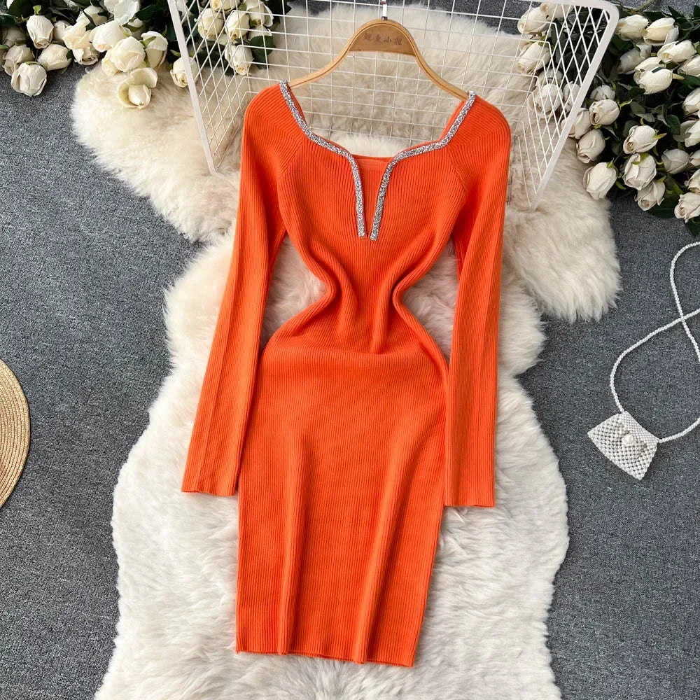 Knit Bodycon Dress For Women Long Sleeve Winter Sweater
