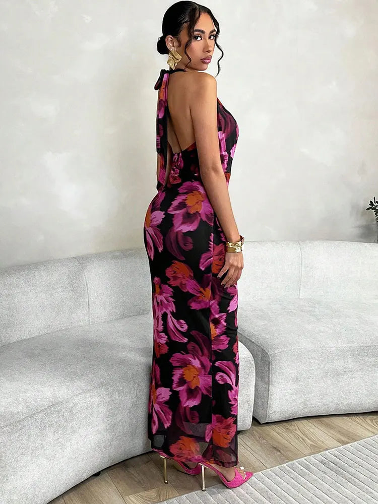 Red Halter Backless Dress Women Slim Streetwear Print