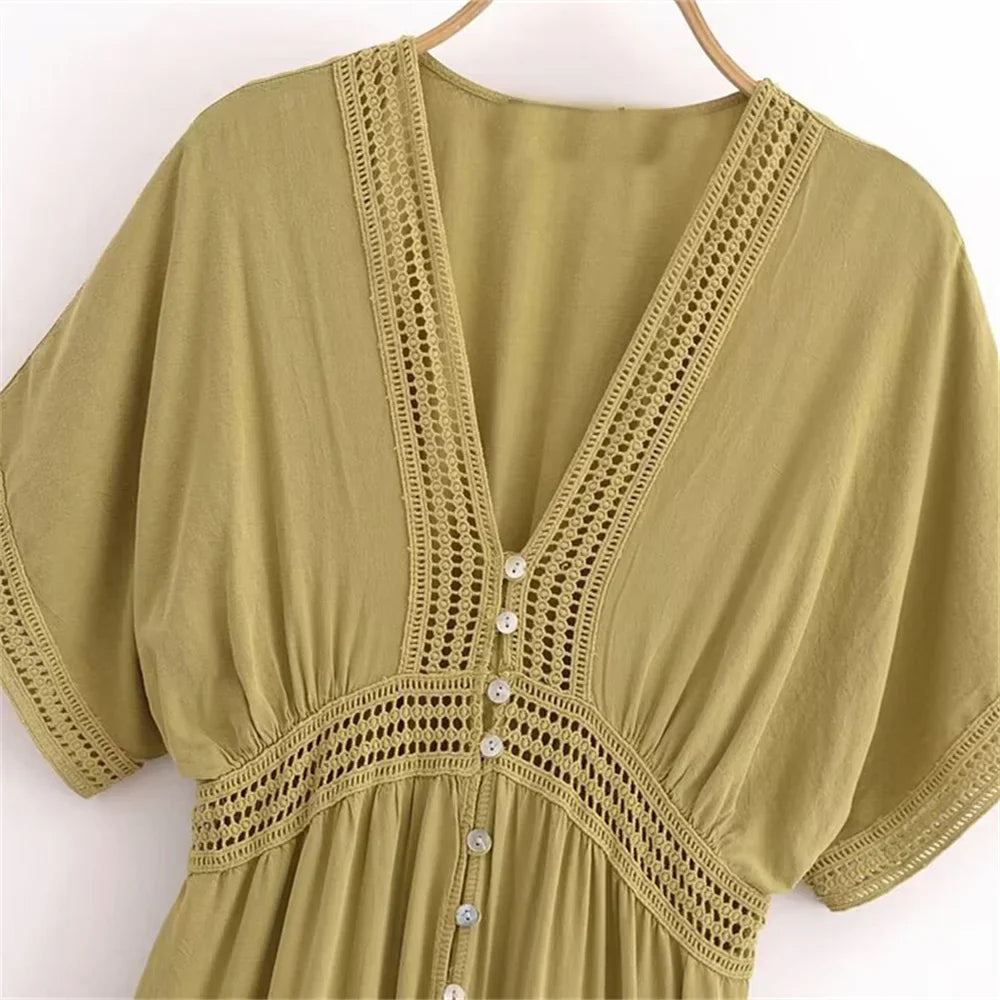 Summer Womens V Neck Lace Shirt Dress Long Casual Fit