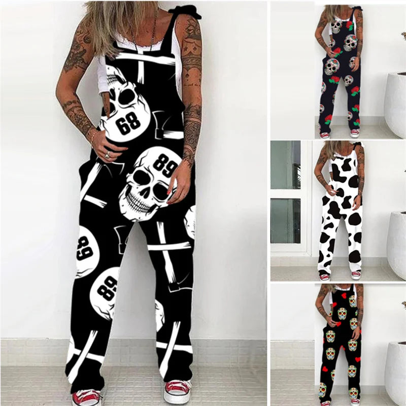Women's Autumn Lace-Up Skull Print Overalls Jumpsuit with Pockets and Adjustable Straps