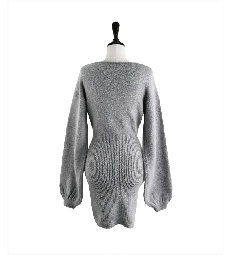 Cross V Neck Knitted Sweater Dress Wrap Style Short Fit