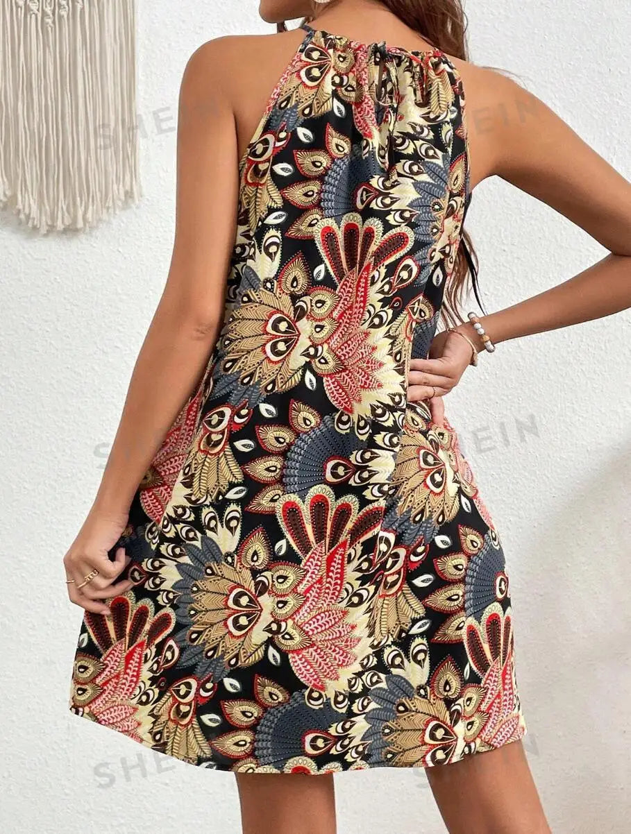 Bohemian Halter Neck Dress for Summer Vacation Boho Print